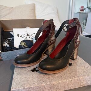 Freebird Raeanne Black Leather Ankle-Strap Heels with Red Lining